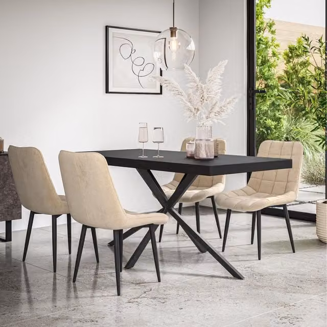 More4Homes Donni Dining Set with Black Rectangular Table and 6 Beige Nova Velvet Chairs