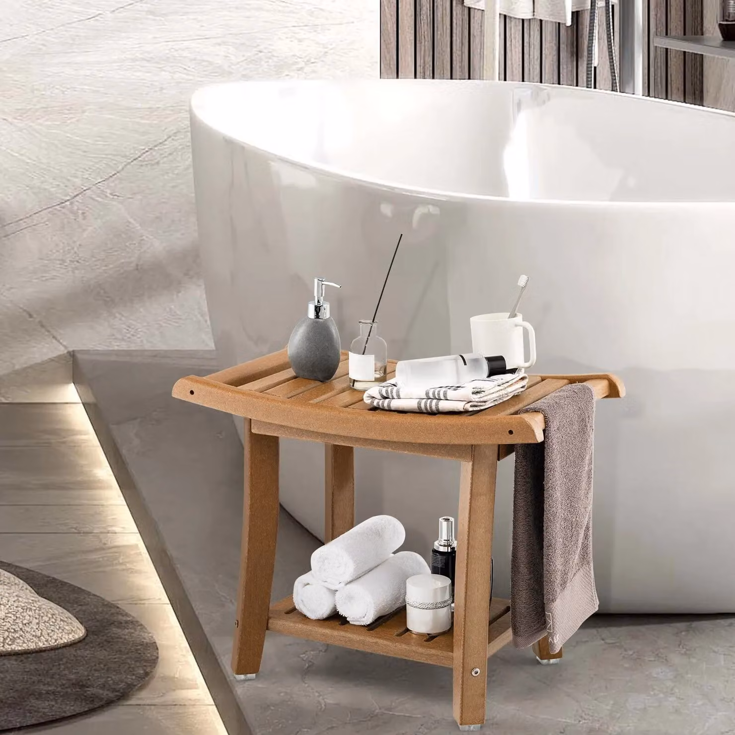 Costway Corner Shower Bench Stool with 2-Tier Storage Shelf in Brown – 3