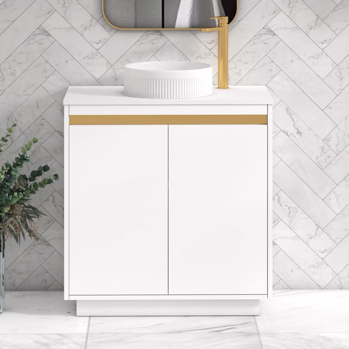 Royal Bathrooms Orion 800mm Matt White Floor Standing 2 Door Vanity Unit with Round Basin and Brushed Brass Accent Trim