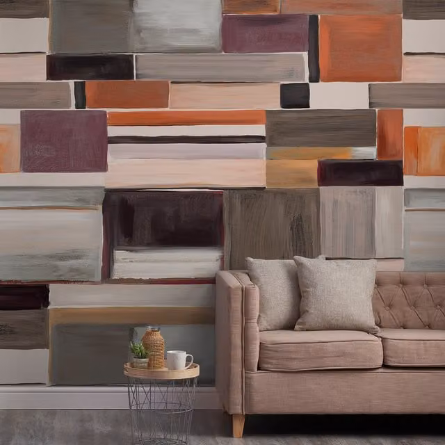 Grandeco Retro Colour Blocks 7 Lane Textured Abstract Wallpaper Mural in Orange and Multicolour