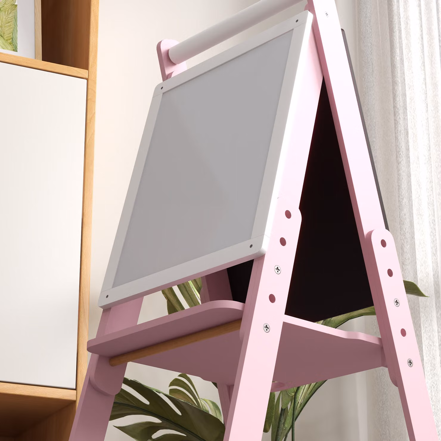 AIYAPLAY 3 in 1 Art Easel for Kids with Paper Roll, Height Adjustable Double-Sided Whiteboard and Chalkboard, Pink and White – 4
