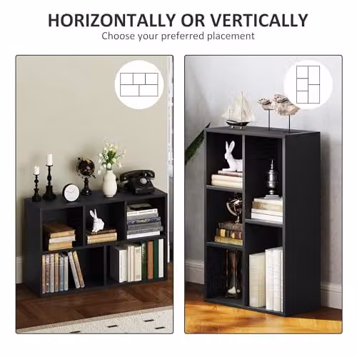 HOMCOM 2 Tier Cube Bookshelf with 5 Open Storage Compartments in Black – 5