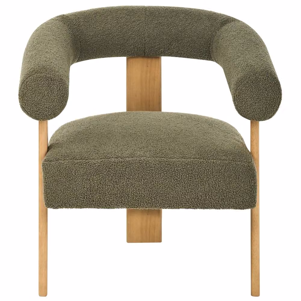 Wyld and Coco Retro Bouclé Tub Armchair in Green and Brown with Rubberwood Legs – 4