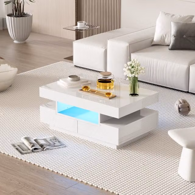 Aosom UK White High-Gloss Coffee Table with LED Lighting and 4 Drawers, W: 80 cm, D: 50 cm, H: 36 cm – 1