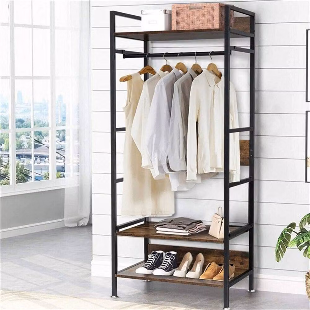 EONLION Open Wardrobe Closet Organiser with Continuous Linear Metal Clothes Rail, Brown, Width: 100 cm – 3