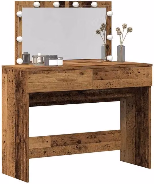 Berkfield Home Rustic Wood Dressing Table with Hollywood LED Mirror in Brown, W/D/H: 100 x 40 x 120 cm
