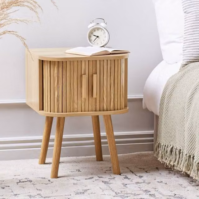 Wyld and Coco Nightstand in Light Brown Laminated Wood with Solid Pine Legs and Sliding Door, W: 40 cm, D: 40 cm, H: 54 cm – 1
