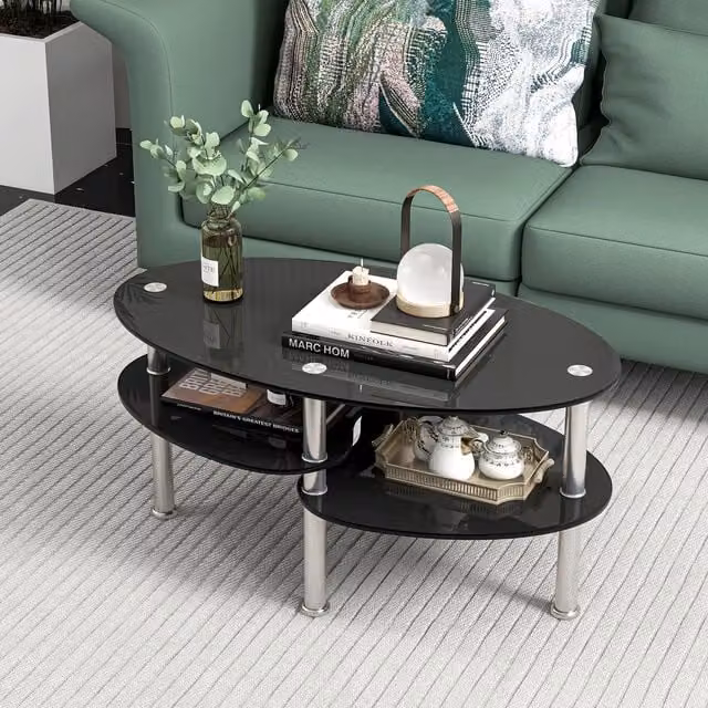 Costway Modern Oval 3-Tier Glass Coffee Table and Side Table in Black