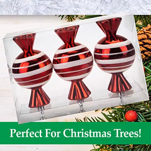 VFM e-Store Red and White Striped Glass Baubles, 3 Pack, Diameter: 14 cm – 3