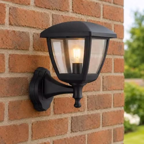 CGC Lighting Black Classic Outdoor Wall Lantern with Transparent Polycarbonate Diffuser, IP44 Weatherproof, E27 Mains Power