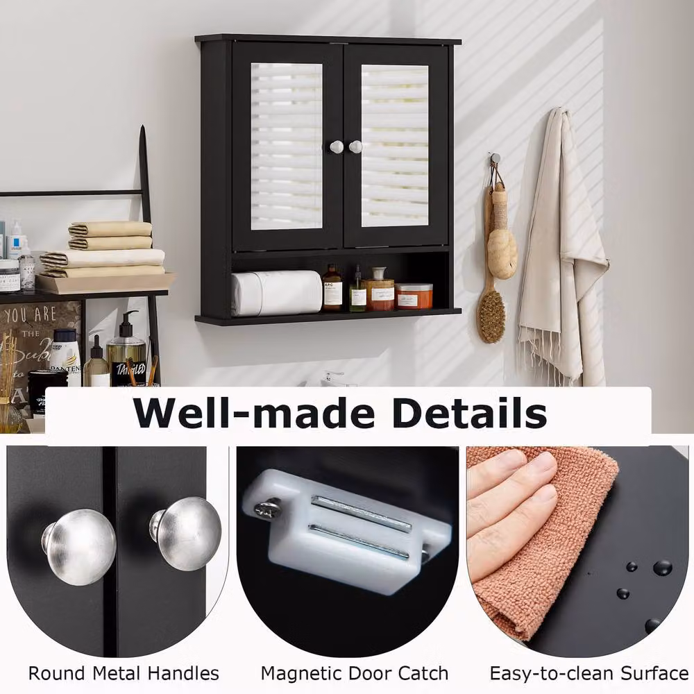 Costway Black Wooden Wall Mounted Bathroom Medicine Cabinet with Mirror and Two Hinged Doors – 8