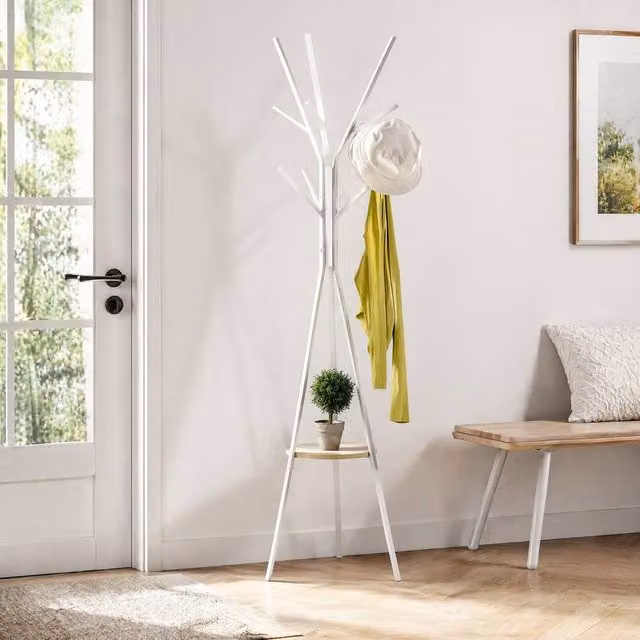 STILVORA Modern Metal Coat Rack with 9 Hooks and Shelf, White