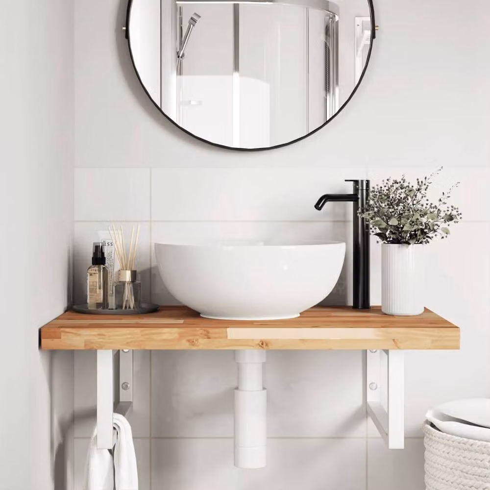 Berkfield Home Wall Mounted Basin Shelf in Brown Acacia Wood and Steel – 2