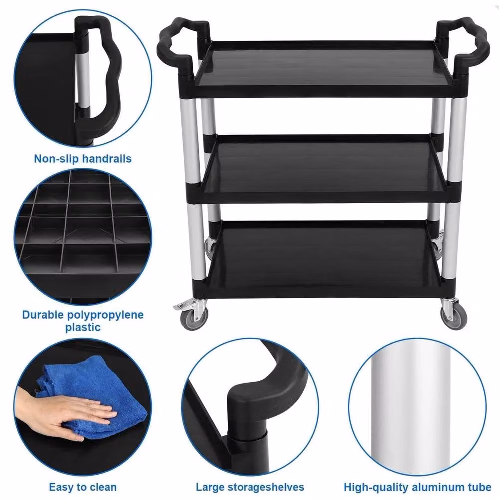 KORVIXA 3-Tier Utility Service Cart Storage Organizer Trolley in Black W/D/H: 100 x 100 x 100 cm – 4
