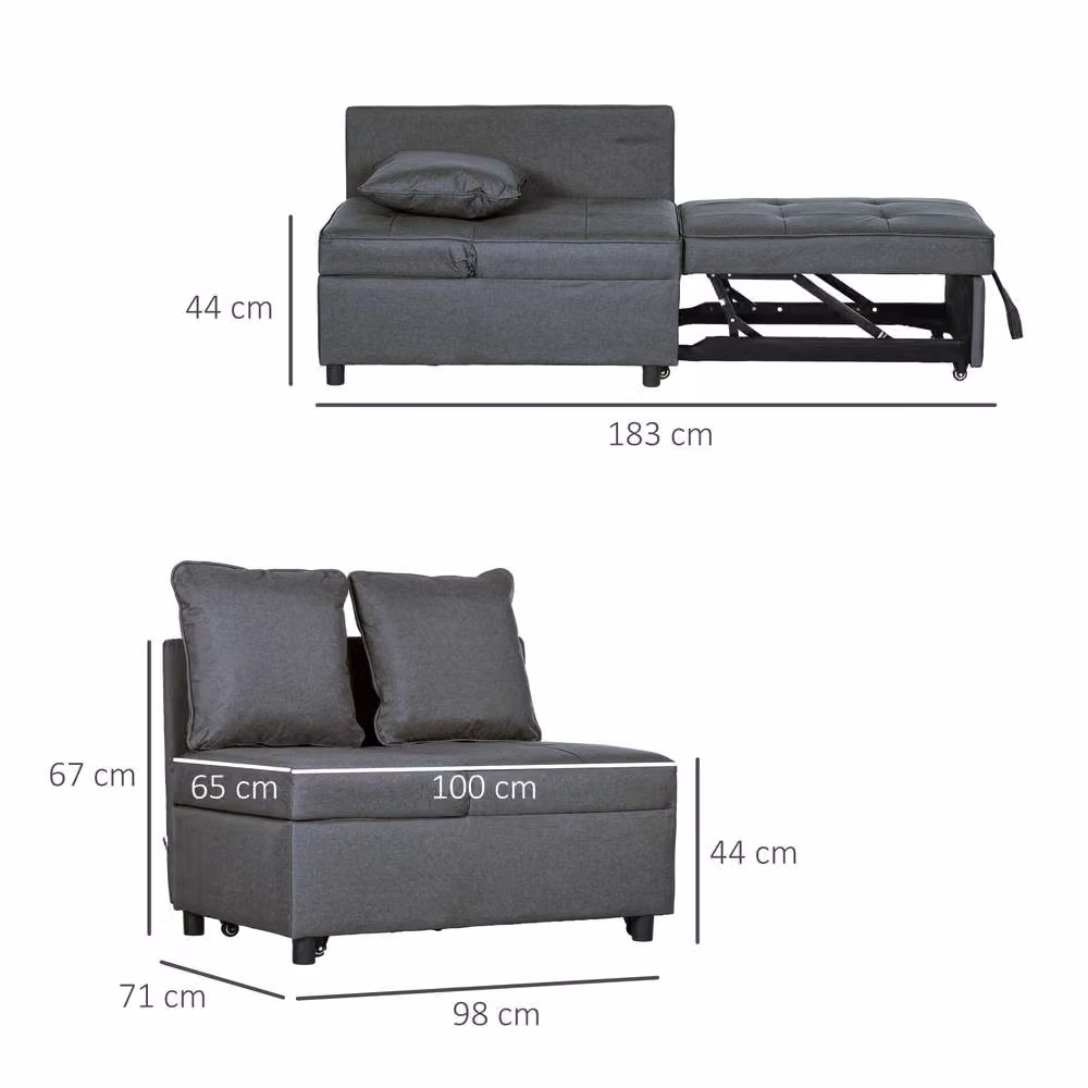 STILVORA 3-in-1 Grey Fabric Chair Bed with Solid Wood Frame and Adjustable Back – 3