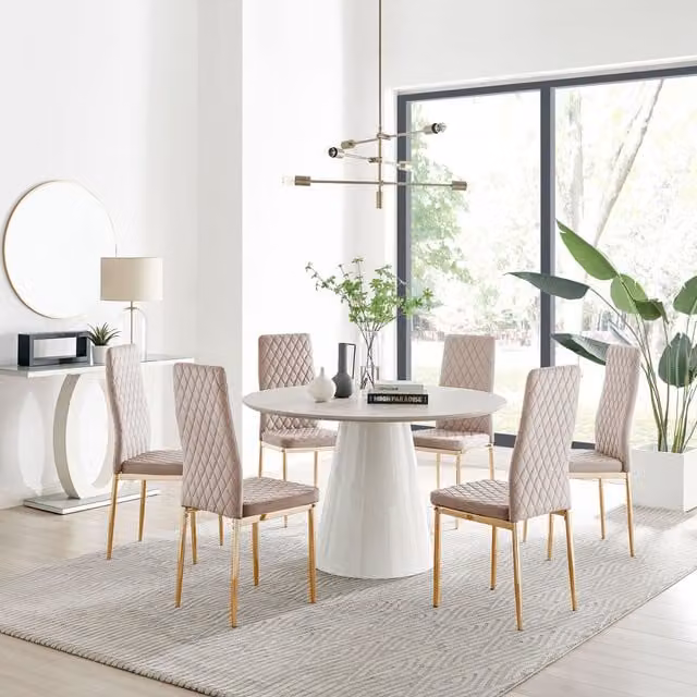 Furniturebox Palma Beige Stone Effect Round Dining Table and 6 Milan Gold Leg Chairs in Cappuccino