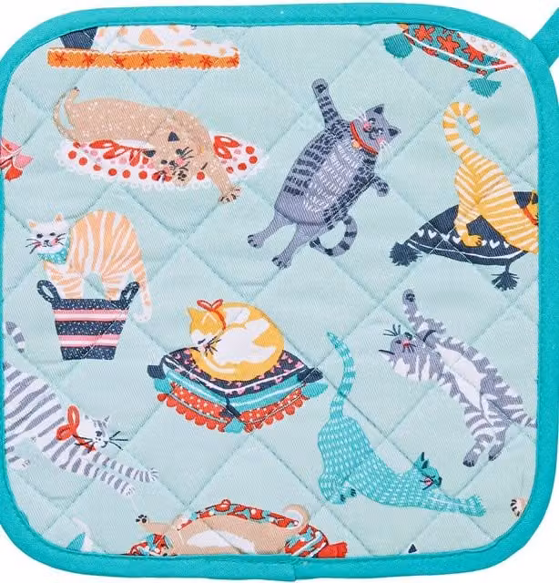 Ulster Weavers Kitty Cats Animal Print Cotton Pot Mat in Turquoise and Blue Multicolour, W/D/H: 21 x 21 x 1 cm