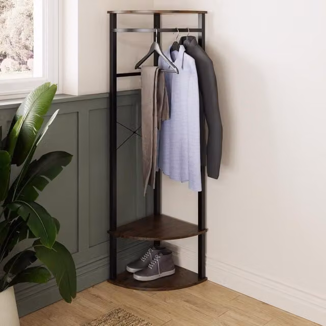 FWStyle Modern 3 Tier Corner Shelving Unit in Walnut Effect and Black Metal – 1