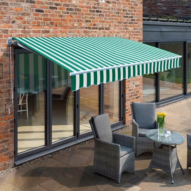 Primrose Manual Retractable Folding Arm Awning with White Aluminium Frame, Green and White Striped, W: 400 cm, D: 300 cm