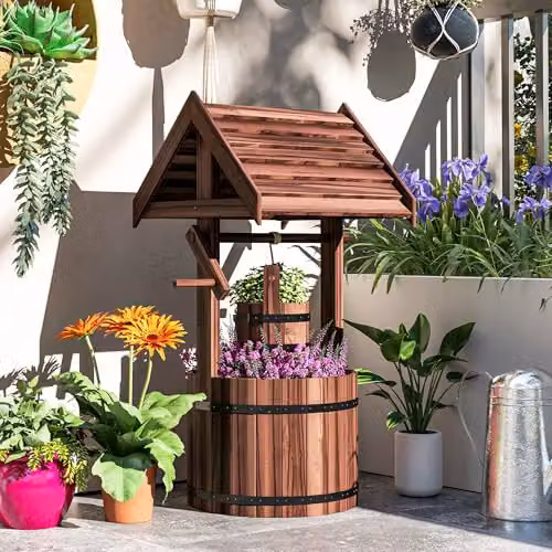 Outsunny Brown Wooden Wishing Well Planter with Adjustable Hanging Bucket – 7