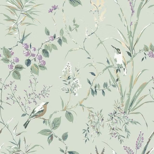 Crown Mariko Bird Botanical Floral Wallpaper in Green