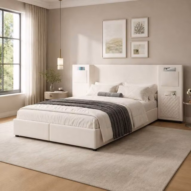 STILVORA Double Upholstered Bed with Storage Drawers in Beige, W/D/H: 140 x 200 x 87.5 cm