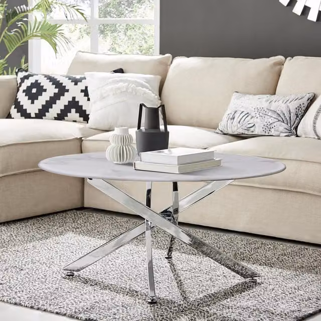 FurnitureboxUK Novara Round Marble Effect Glass Top Coffee Table with Silver Metal Starburst Legs in White