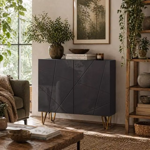 Wyld Haus Diro Modern High Gloss Black Sideboard with Geometric Pattern and Gold Hairpin Legs