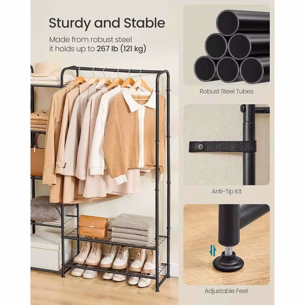 The Bazaarist Metal Clothes Rack Open Wardrobe with Storage Shelves, Matt Black, H 183.0 cm x W 158.4 cm – 3