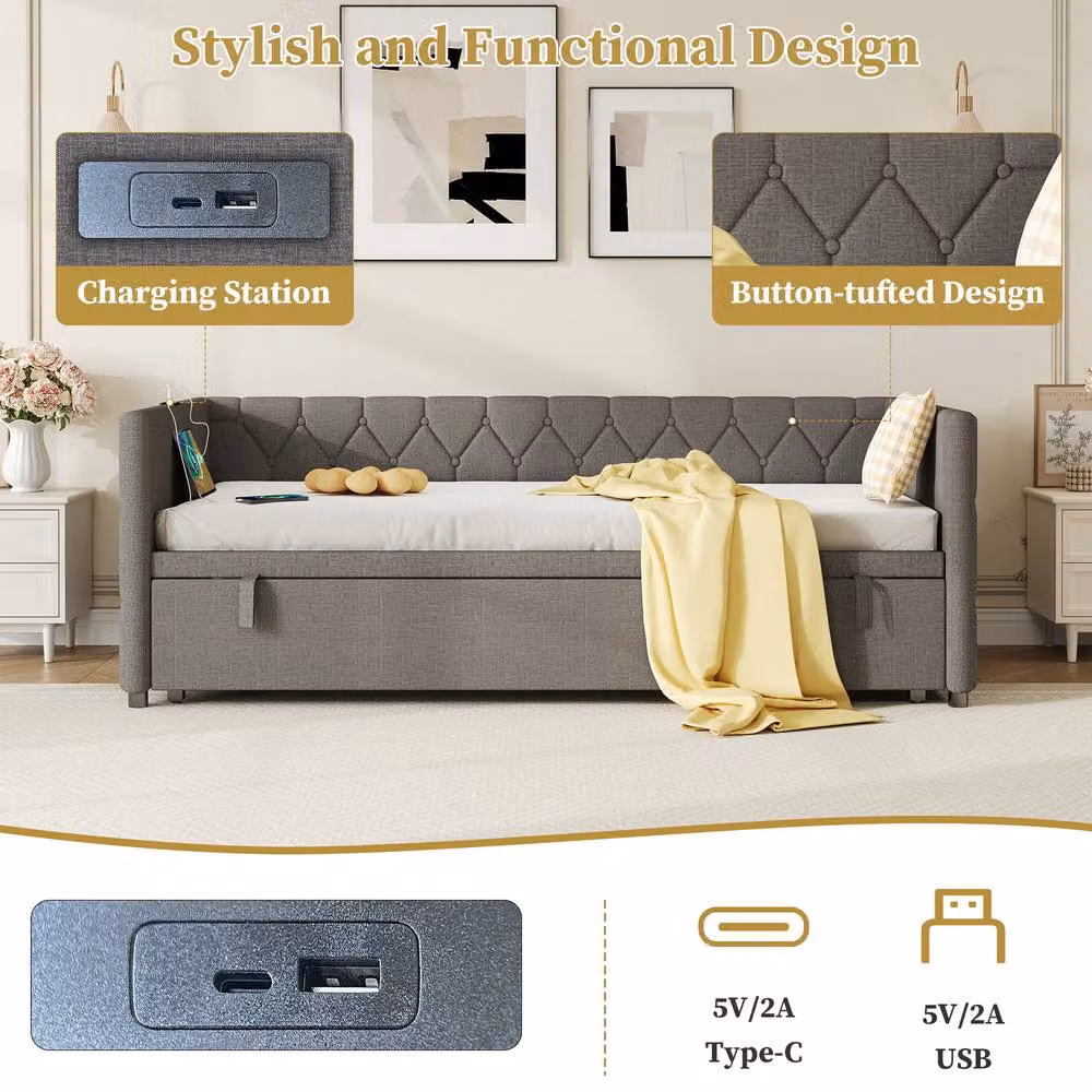 Matteo 3ft Single Upholstered Daybed Sofa Bed with Pull-Out Trundle and USB Charging Port in Grey, W: 90 cm, D: 190 cm – 4