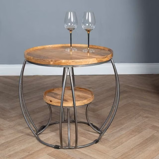 Elm Home And Garden Round Mango Wood Side Table in Brown and Grey with Metal Frame