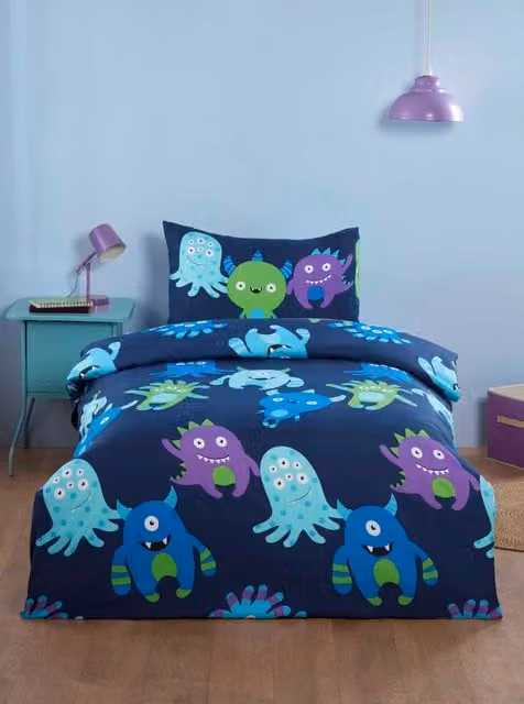 Rapport Home Monsters Microfibre Duvet Cover and Pillowcase Set in Black, Blue and Purple, Single Size (90 x 200 cm)