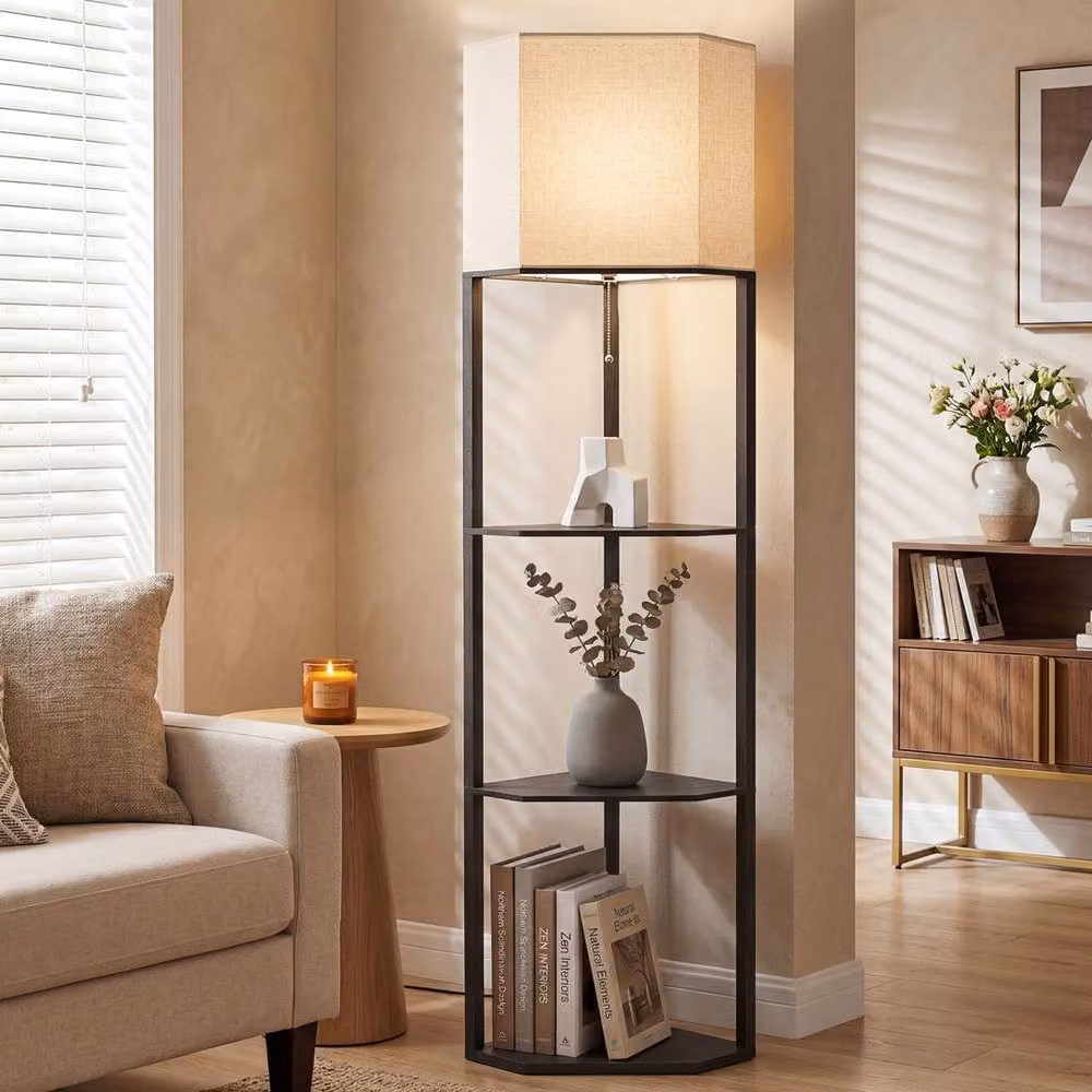 HOMCOM Black Modern Corner Floor Lamp with Wood Shelves and Fabric Shade, H: 159 cm x W: 37 cm x D: 37 cm – 5