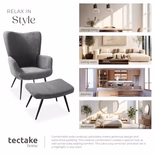 tectake Scandinavian Style Armchair with Footstool in Anthracite and Black Corduroy Fabric, W/D/H: 76.0 x 72.0 x 100.5 cm – 9