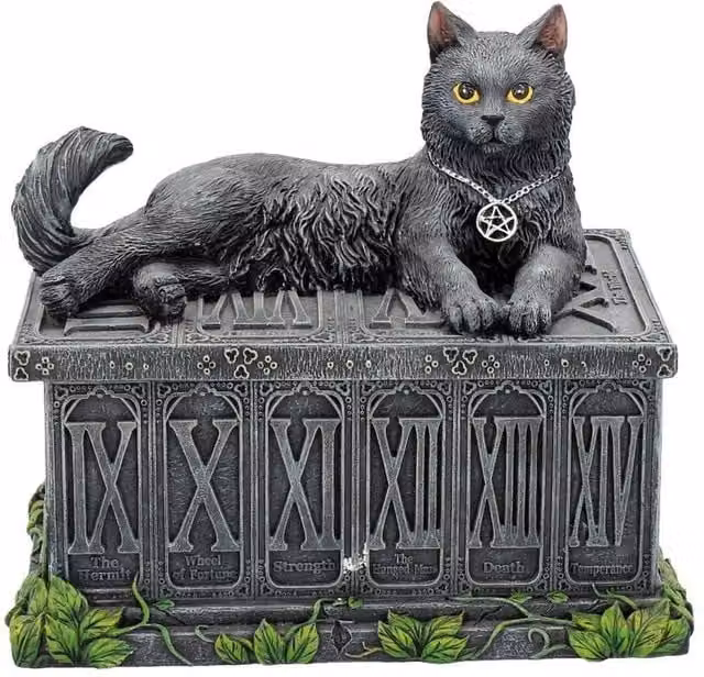 Nemesis Now Fortune's Watcher Cat Familiar Tarot Box in Black, Silver and Grey Ceramic