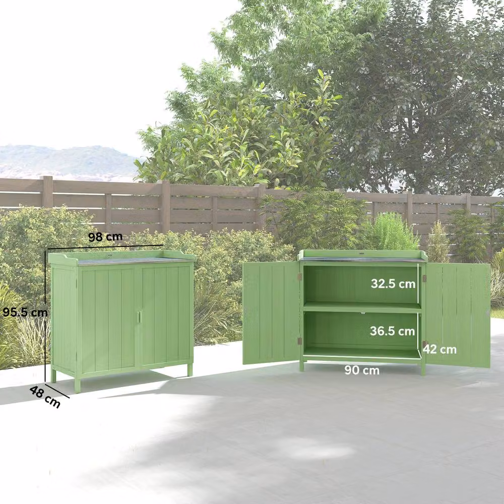 OUTSUNNY Garden Storage Cabinet Potting Bench Table with Galvanised Steel Top in Light Green – 3