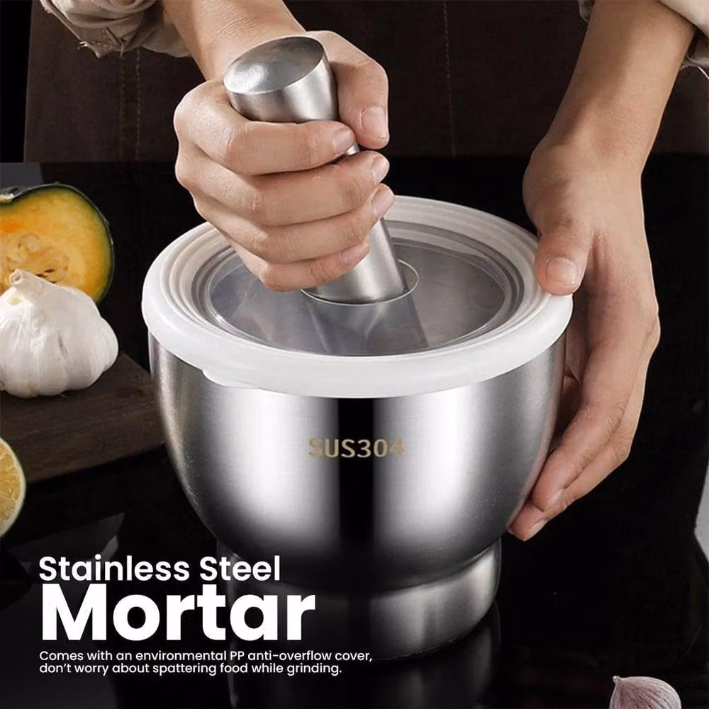 FLAVORA Silver Stainless Steel Garlic Mortar and Pestle Manual Crusher and Grinder with Anti-Splash Lid, Diameter: 10 cm – 2