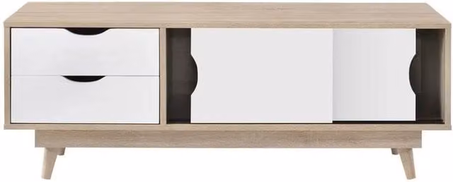 ERGOVEXA Oak White Scandinavian TV Stand Cabinet with Storage Shelves and Media Compartments