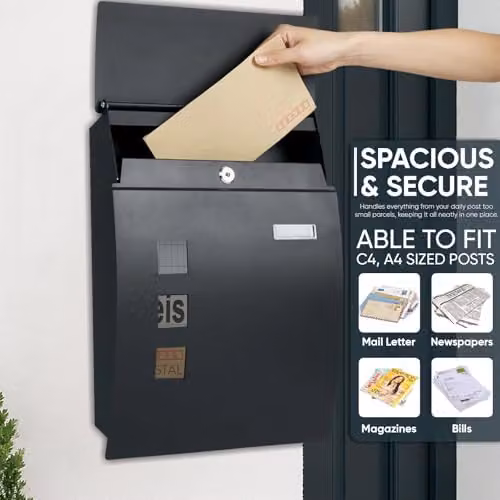 ATEK Waterproof Wall Mounted Mailbox with Viewing Window and Nameplate, Black, H 45 cm x W 32 cm x D 10 cm – 4