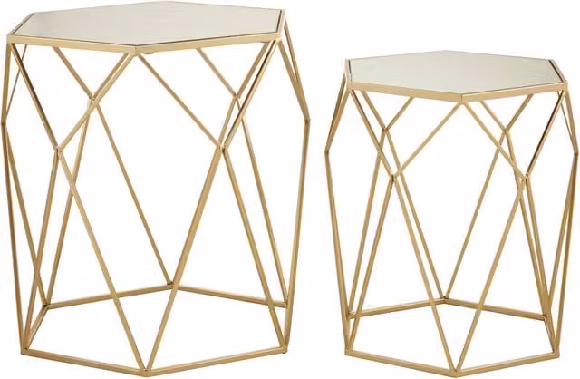 Orsina Set of 2 Hexagonal Mirrored Top Nesting Side Tables in Gold – 1