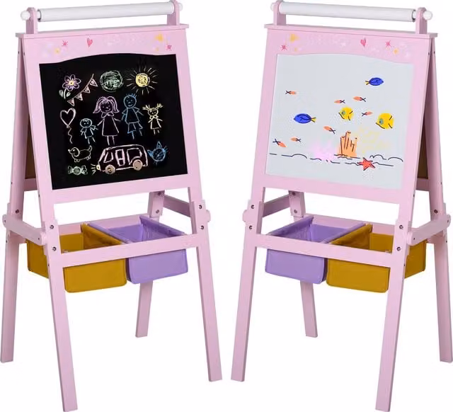 HOMCOM 3-in-1 Kids Wooden Art Easel with Paper Roll, Double-Sided Chalkboard and Whiteboard with Storage Baskets, Pink – 1