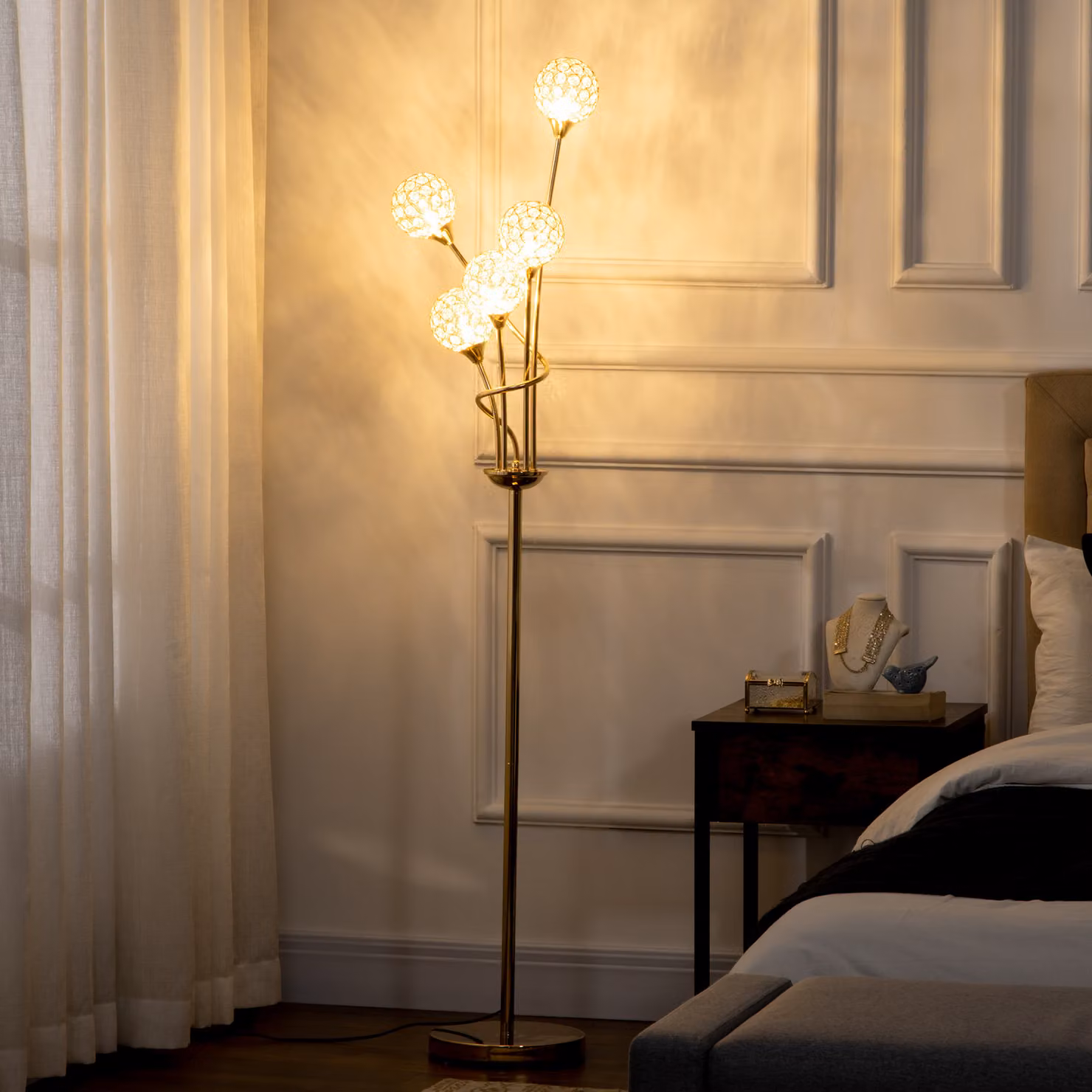 HOMCOM Modern Crystal Floor Lamp with 5 Lights in Gold Tone, W/D/H: 34 x 25 x 156 cm – 2