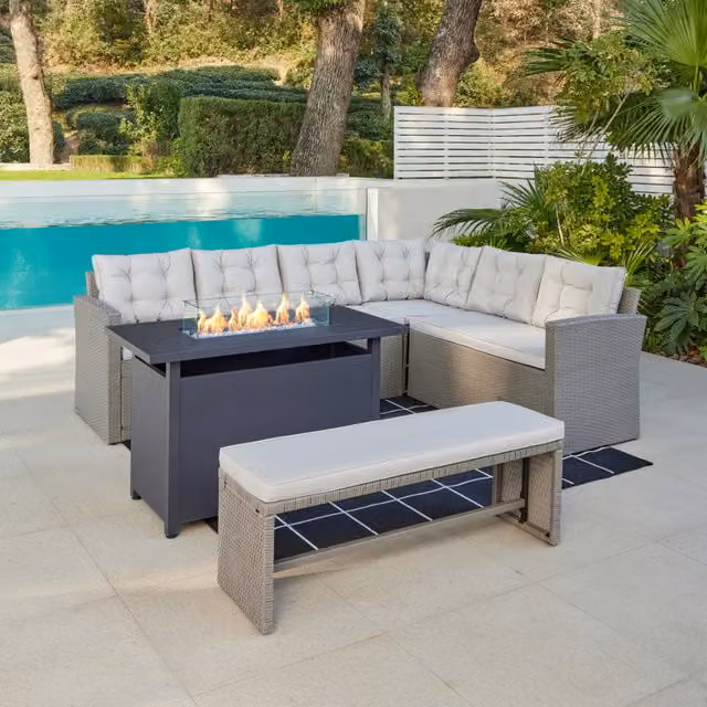 GRS Modena L-Shape PE Rattan Dining Set with Fire Pit Table in Grey