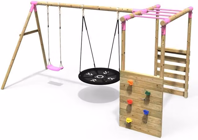 Rebo Wooden Double Swing Set with Pink Accents