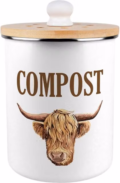 Purely Home Highland Cow Metal Compost Caddy with Flip Lid, 2L, Brown and White