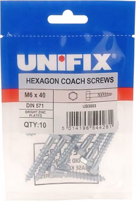 Unifix M6 x 50mm Hexagon Head Coach Screws for Wood, Bright Zinc Plated Steel, Silver, Box of 50