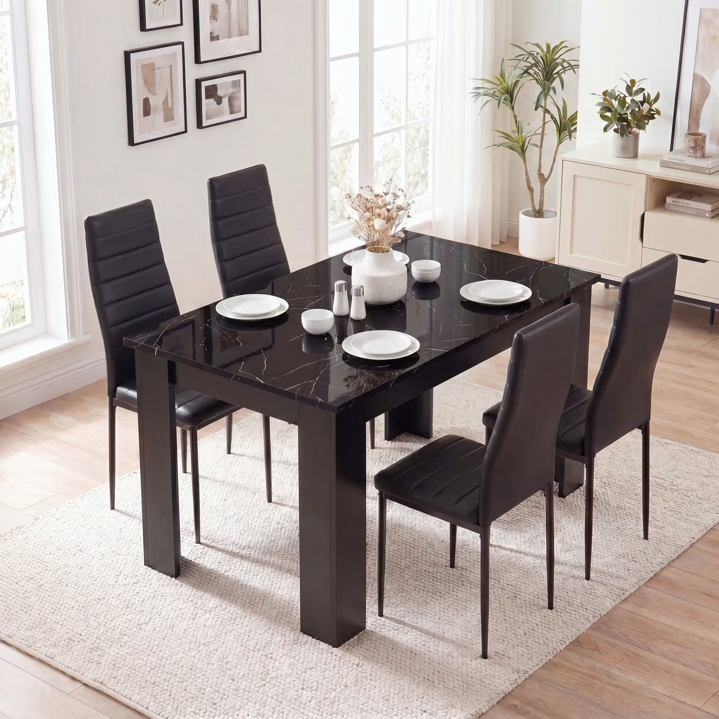 DHS Modern Glossy Black Marble Finish Rectangular Dining Table and 4 Chairs Set