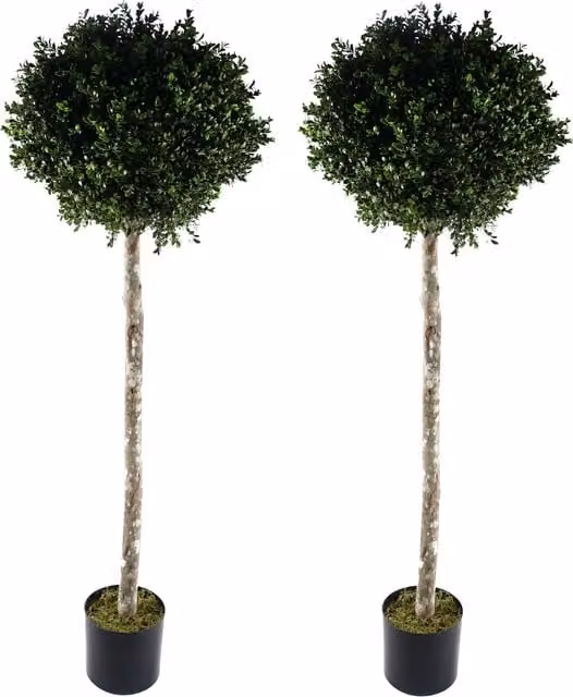 Pair of Genuine Leaf Design Green UV Resistant Artificial Buxus Ball Topiary Trees