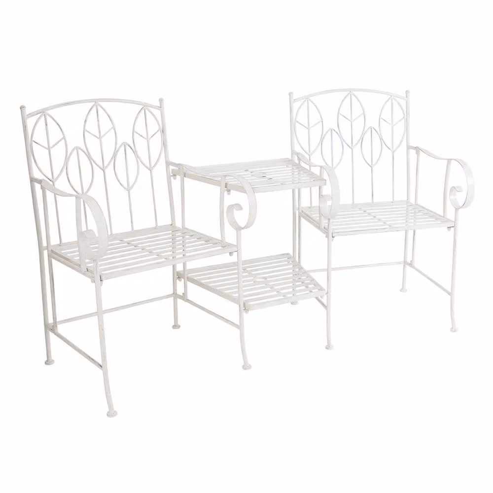 Charles Bentley Rustic Metal Garden Companion Seat with Leaf Design in White, W: 156 cm, D: 66 cm, H: 90 cm – 2
