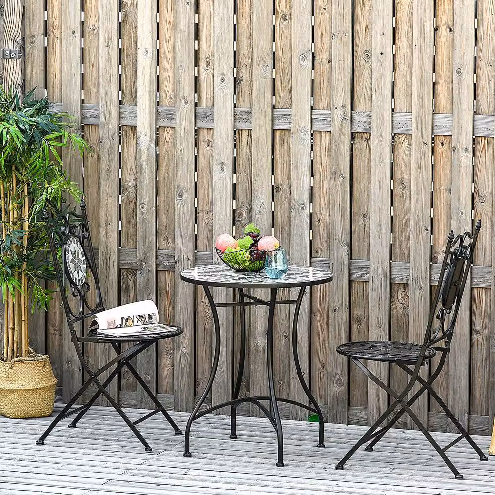 ERGOVEXA 3 Piece Grey Mosaic Tile Garden Bistro Set with Round Ceramic Table and Folding Chairs – 3